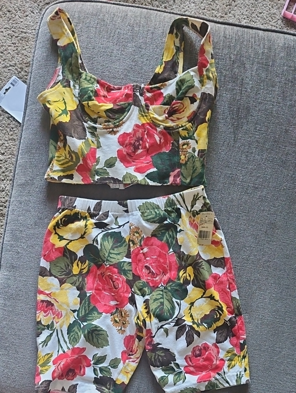 Necessary Objects Floral Crop Brami & Shorts in Red, Yellow, Green Vintage !